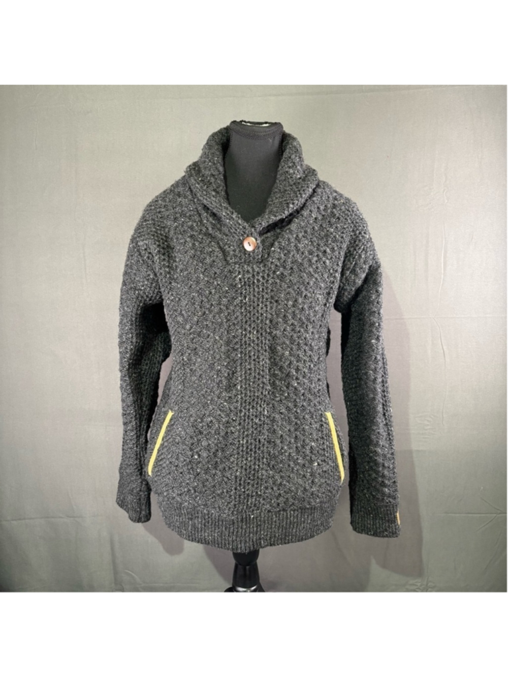 Kyber Sweater Men L 100% Wool Fisherman Cable Knit Heavyweight Shawl Collar Gray